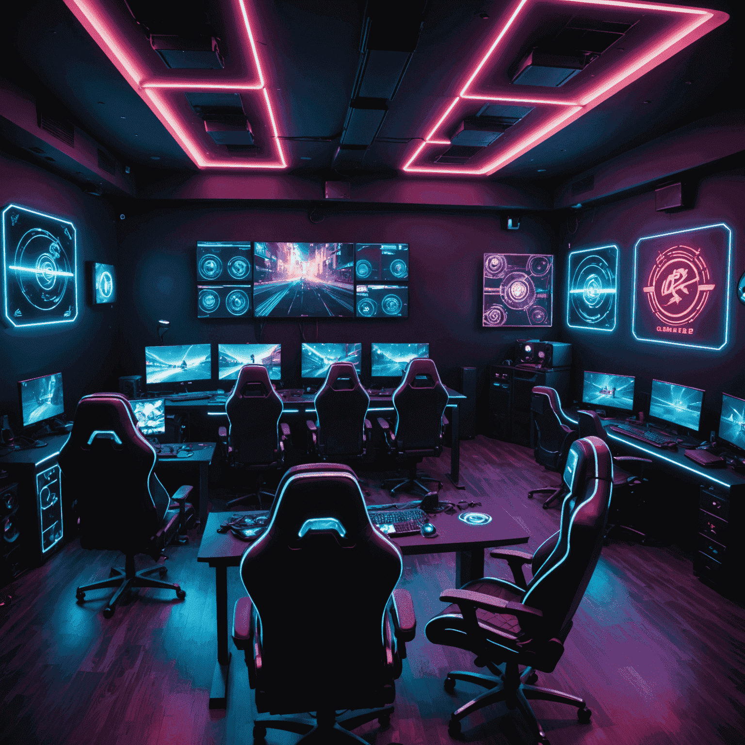 Interior of Catharsis Gaming Club showing rows of high-end gaming PCs, comfortable gaming chairs, and neon lighting creating an immersive atmosphere