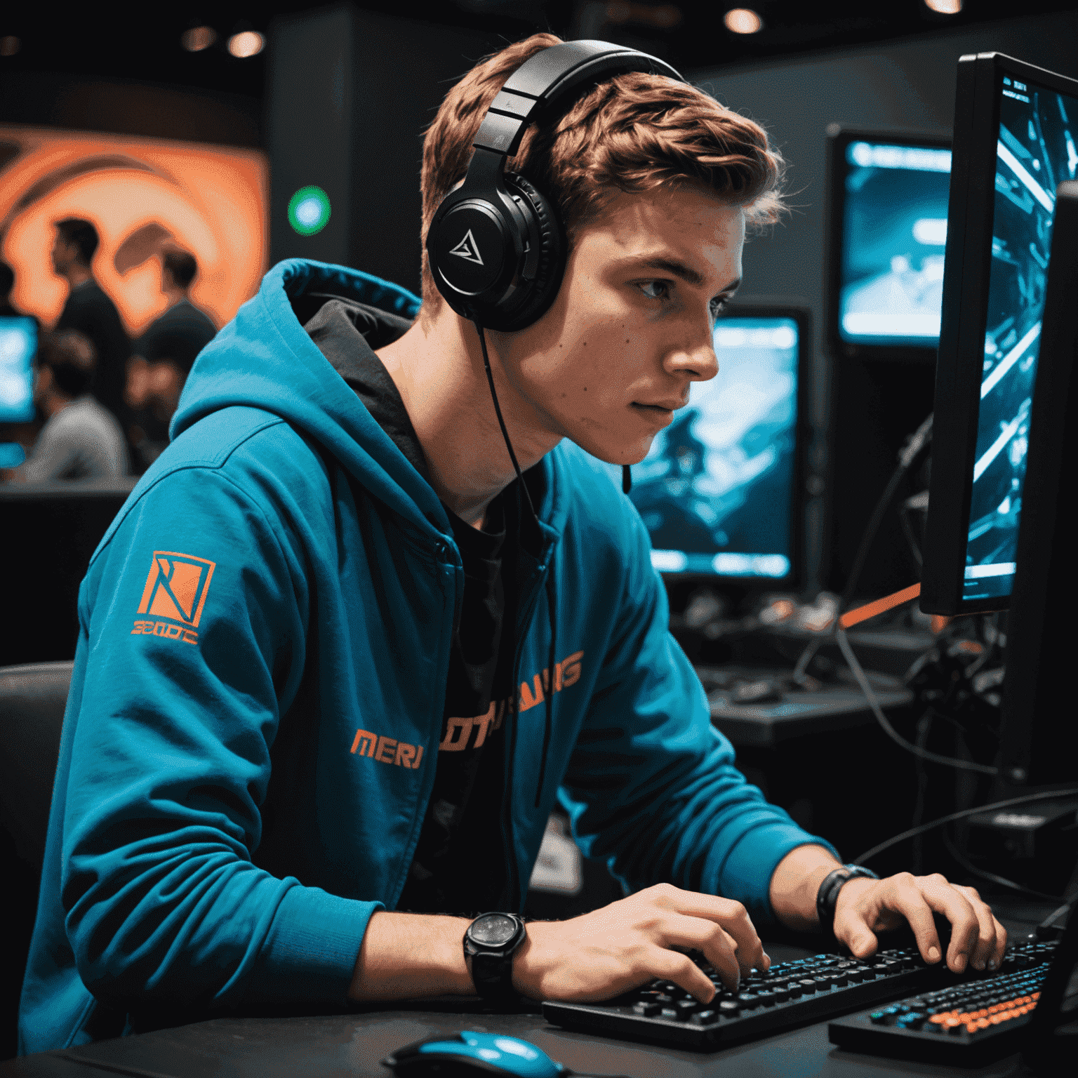 A young gamer with headphones, intensely focused on a computer screen during a competitive match at Catharsis Gaming Club