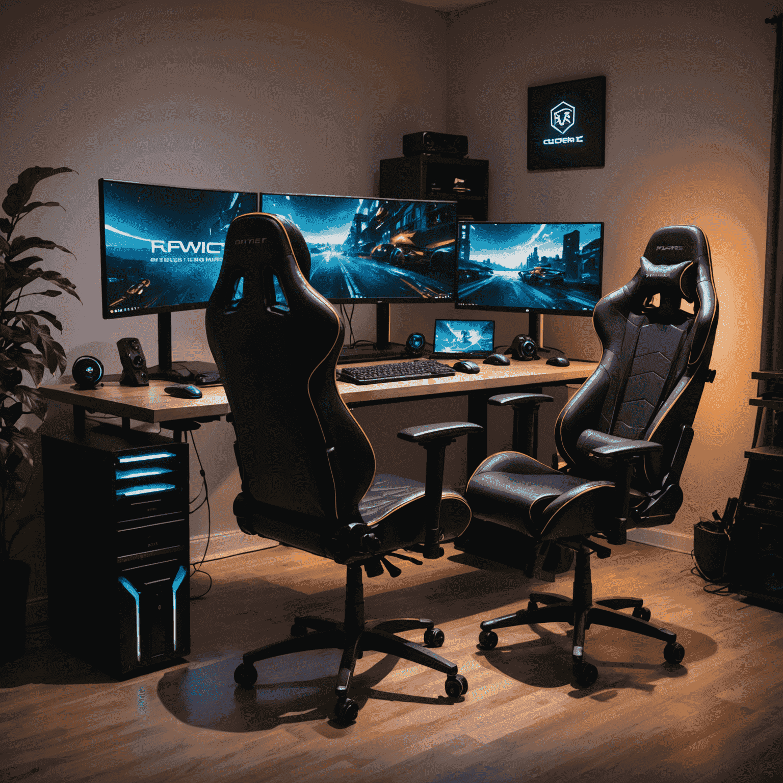 A high-end gaming setup with multiple monitors, RGB lighting, and comfortable gaming chair in a dimly lit room
