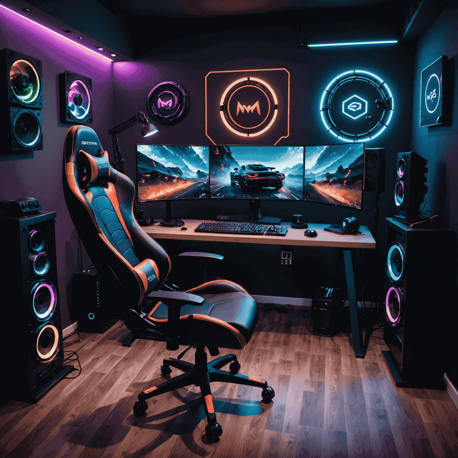 High-end gaming setup with multiple monitors, RGB lighting, and comfortable gaming chair in Catharsis Gaming Club