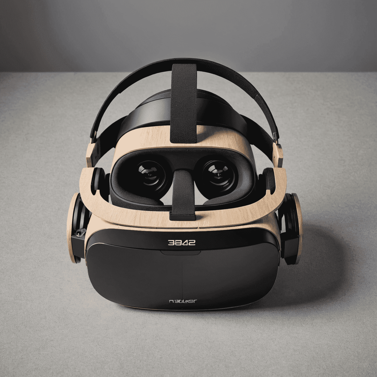 High-end VR headset with adjustable straps and built-in headphones