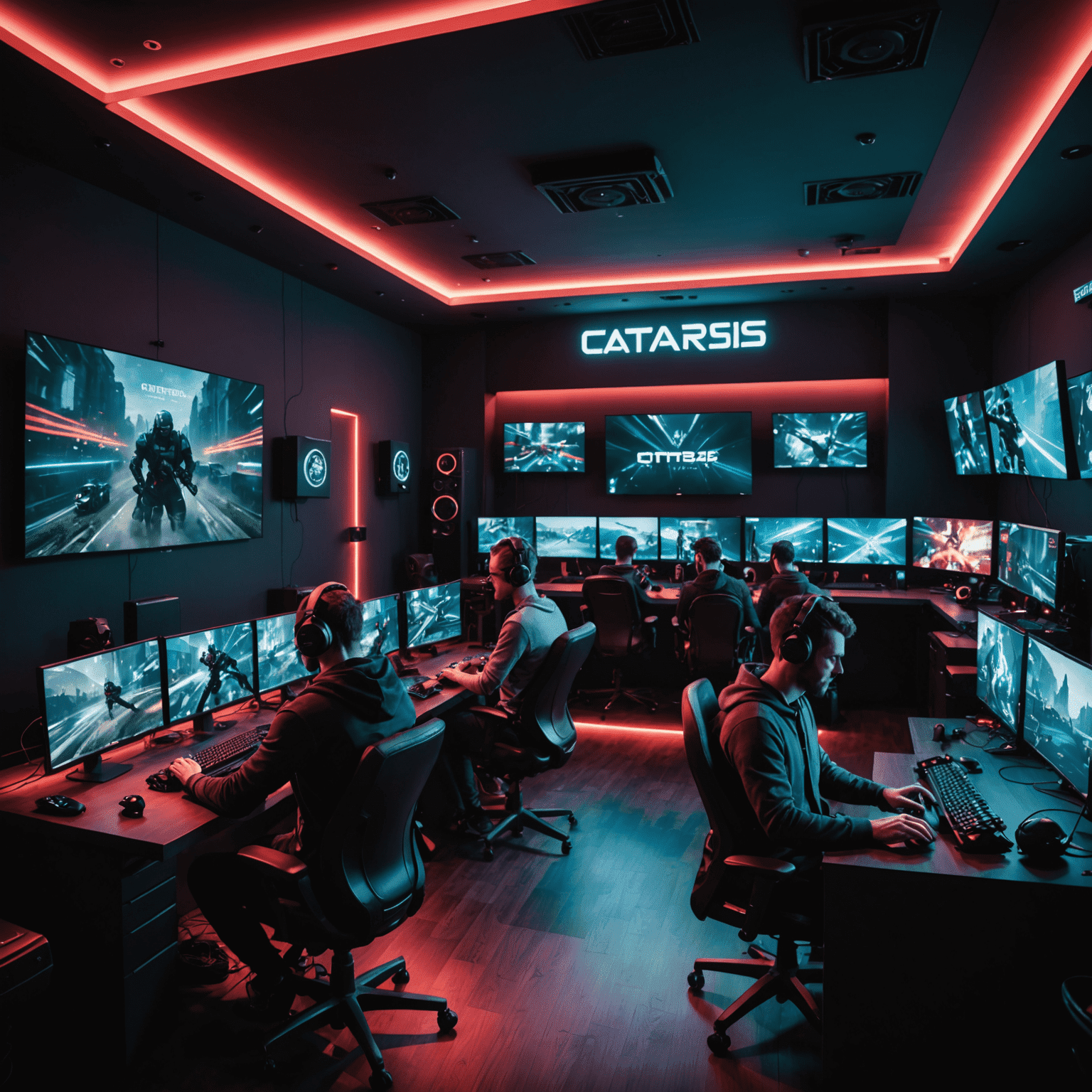 A group of diverse gamers enjoying high-end gaming setups at Catharsis Gaming Club in Warsaw. The image shows a modern, sleek interior with RGB-lit gaming stations and players engaged in various games.