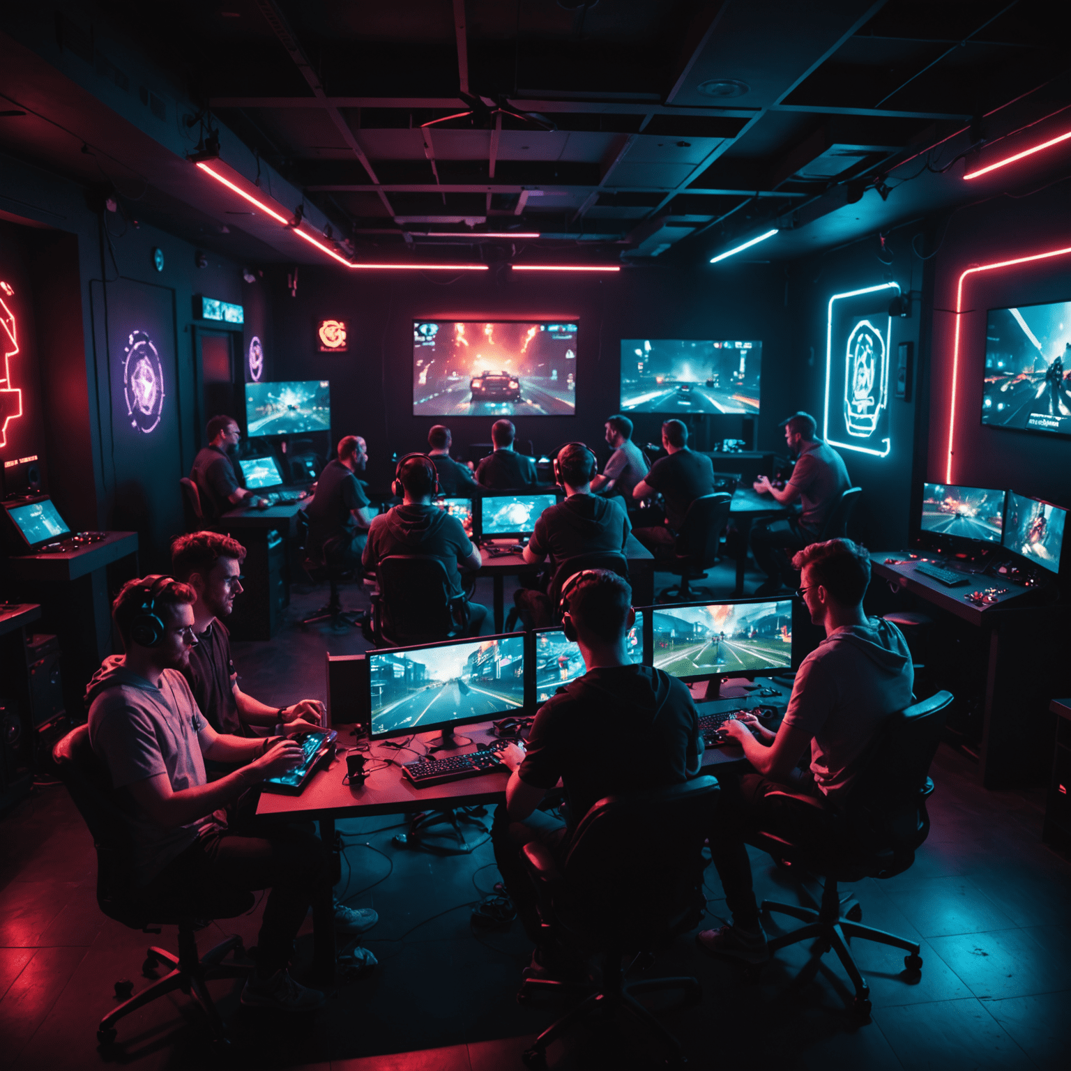A group of people enjoying a private gaming event at Catharsis Gaming Club. The image shows a modern, dimly lit room with multiple gaming setups, neon accents, and excited gamers engaged in multiplayer games.