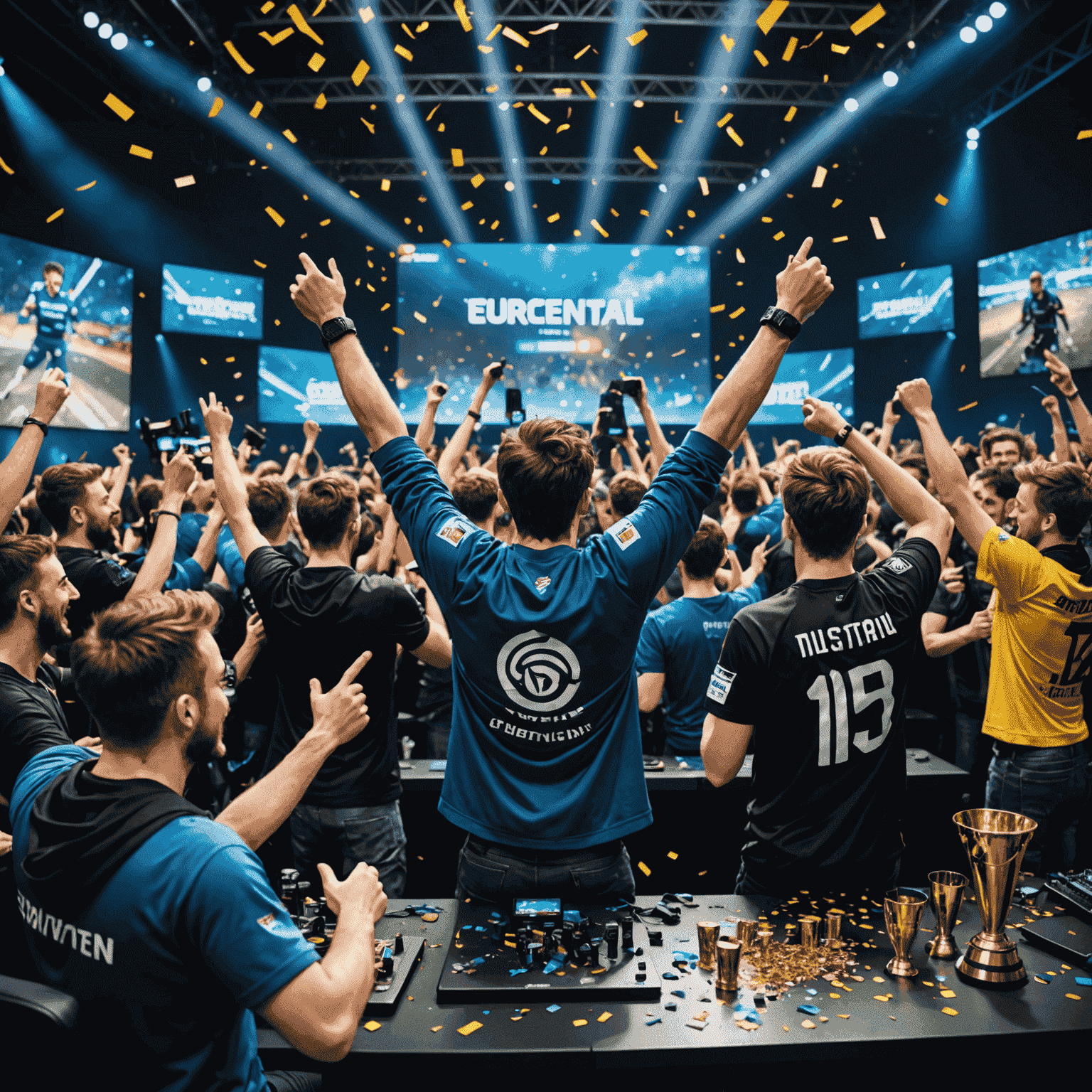 Gamers celebrating victory, trophies and confetti, esports tournament stage with large screens showing game highlights