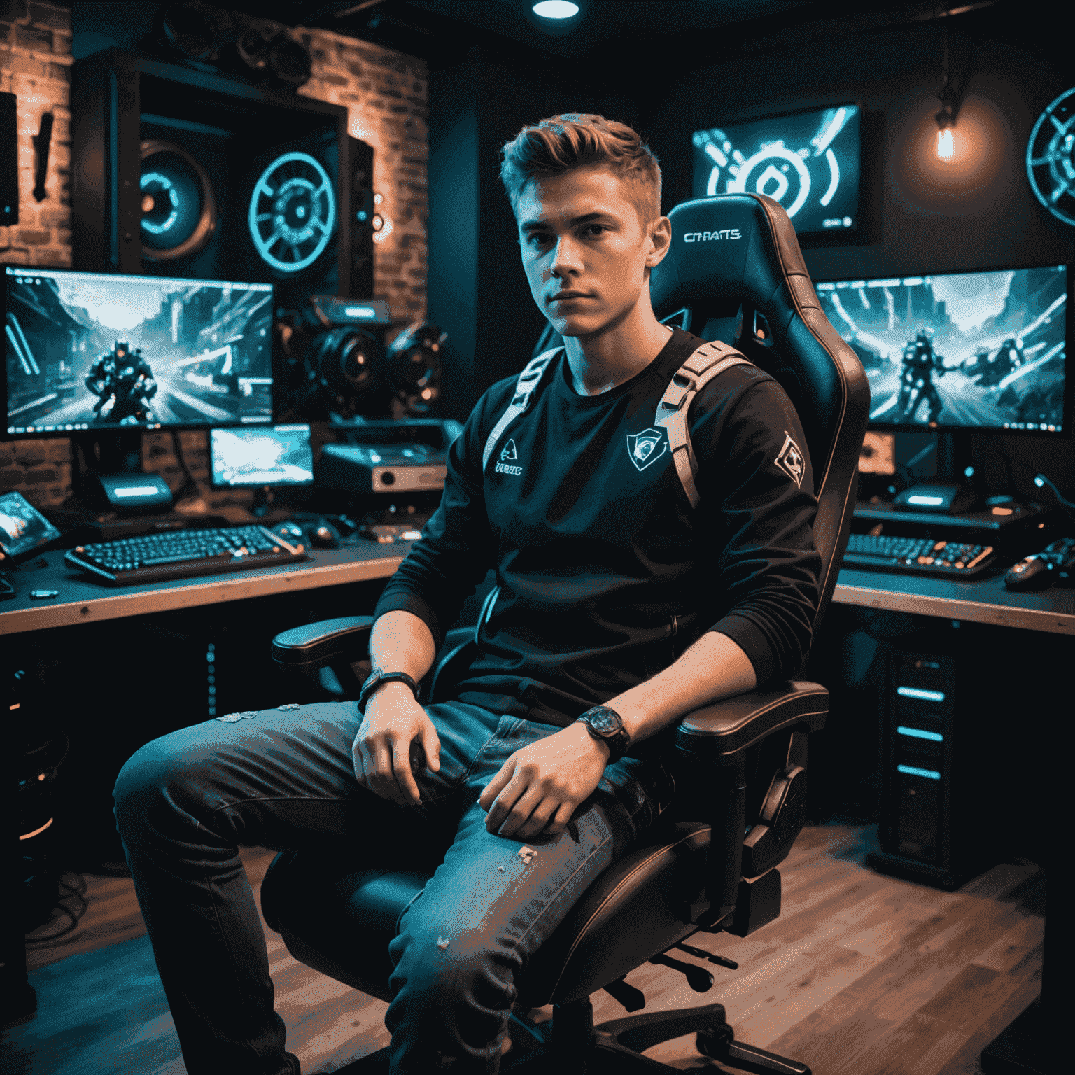 A determined young man in a gaming chair, surrounded by high-end PCs at Catharsis Gaming Club, celebrating a victory