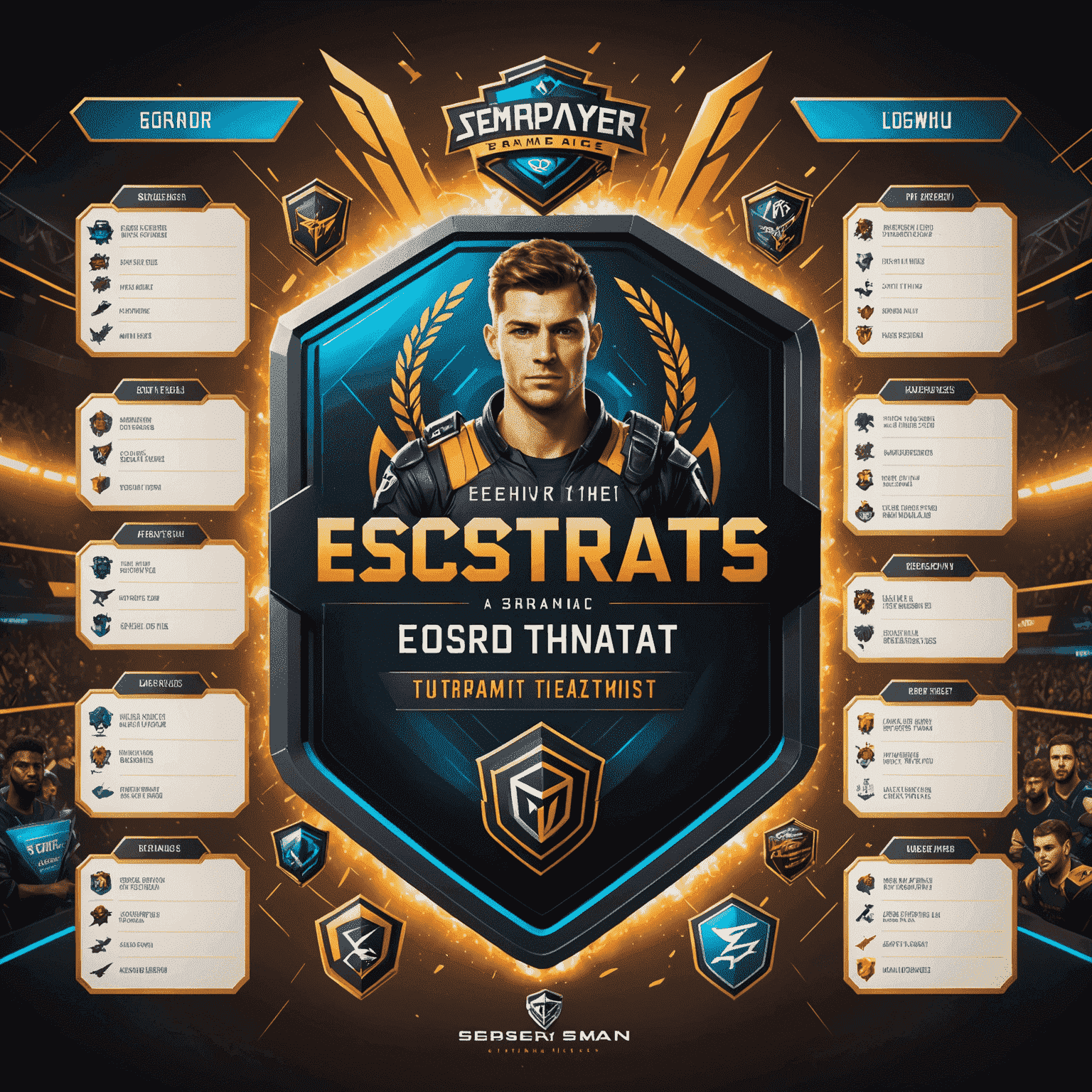 A dynamic esports tournament bracket display with game logos and player avatars