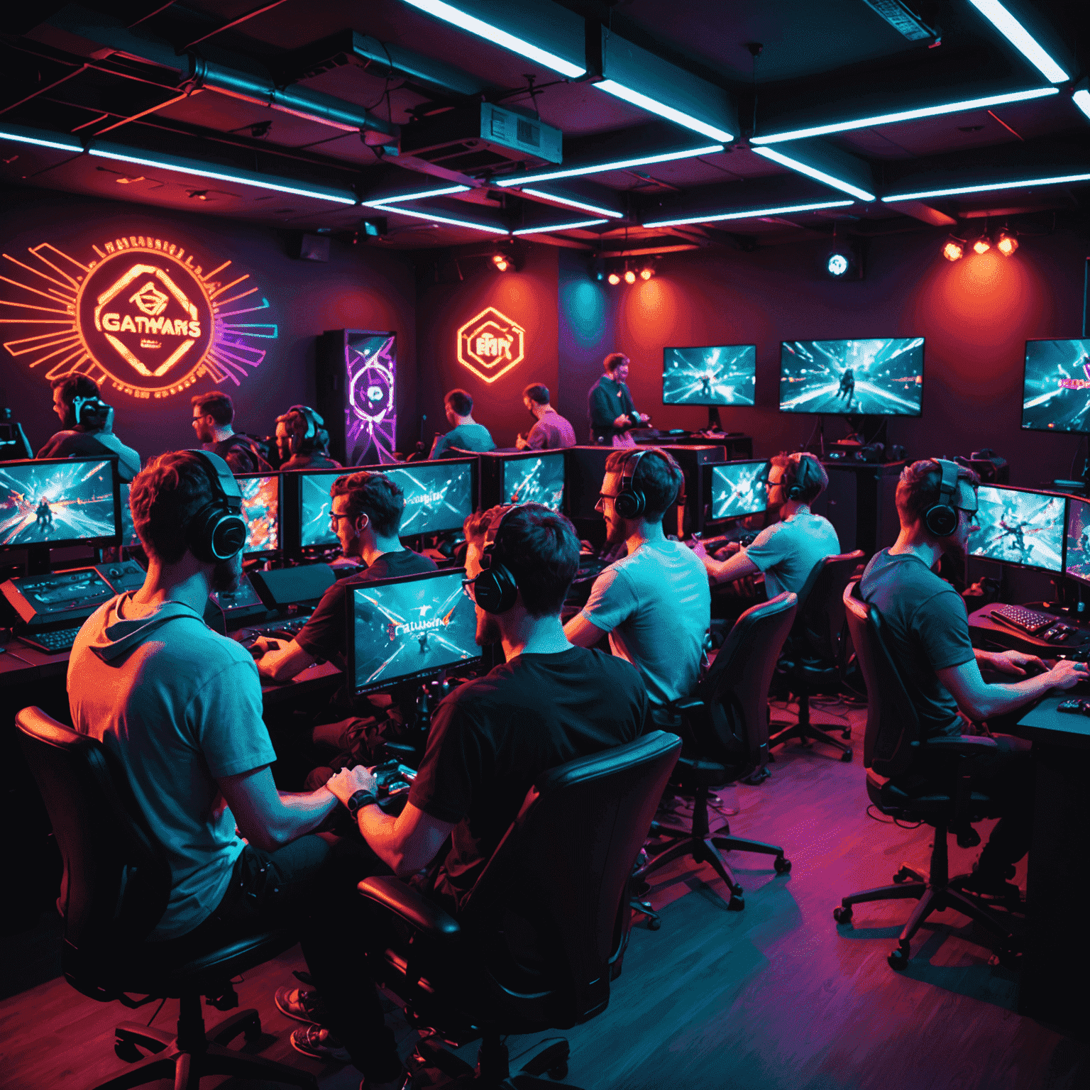 Group of friends enjoying a gaming session at Catharsis Gaming Club, with vibrant RGB lighting and multiple gaming setups visible