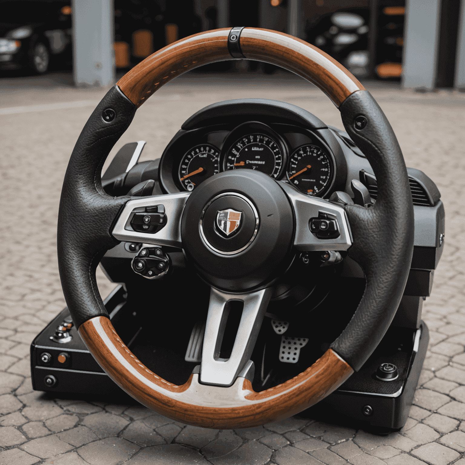Professional racing wheel setup with pedals and gear shifter