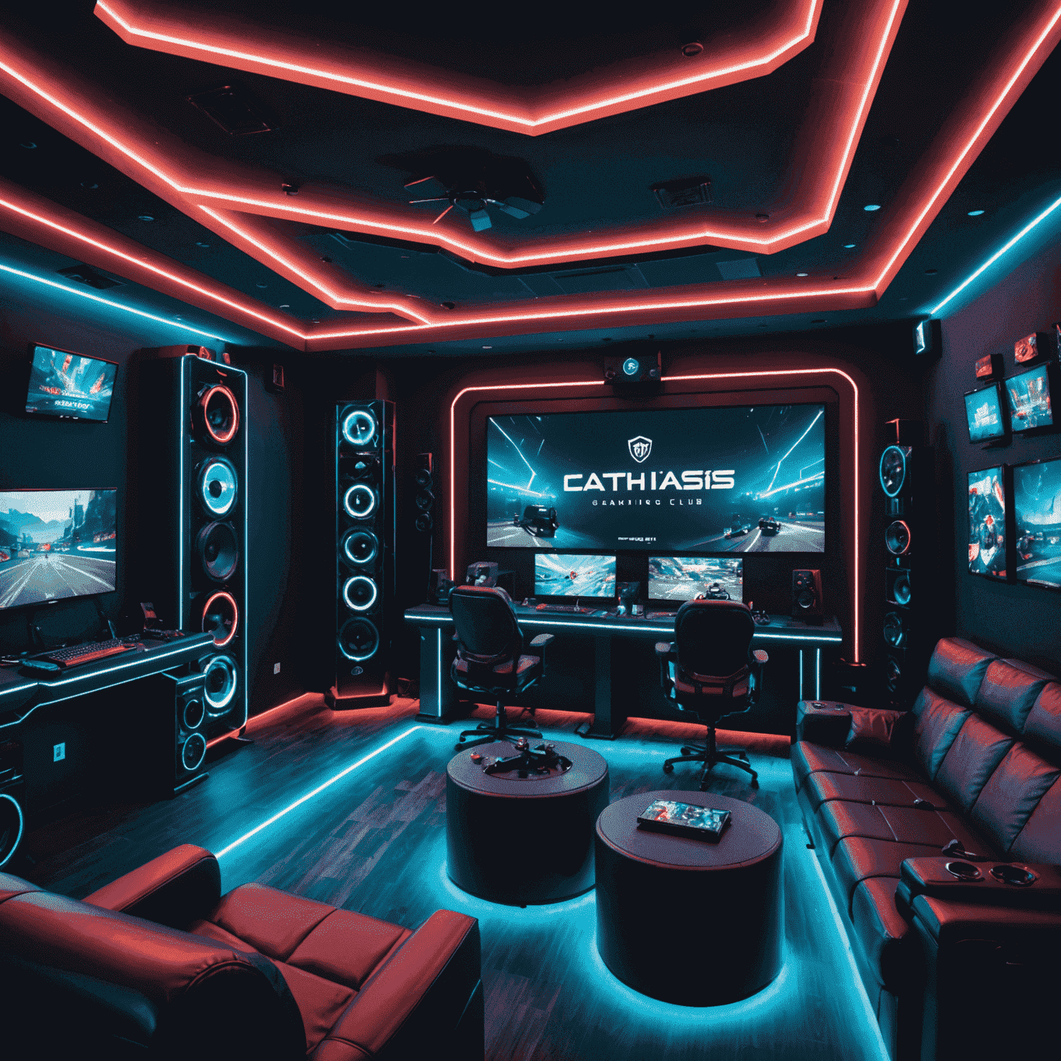 The interior of Catharsis Gaming Club, showcasing high-end gaming setups, comfortable seating, and a sleek, modern design with neon accents and gaming-themed decor.