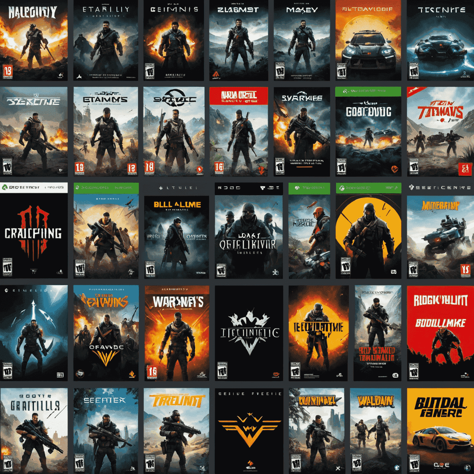 Multiple game covers and logos of newly released games, high-end gaming PCs displaying game trailers
