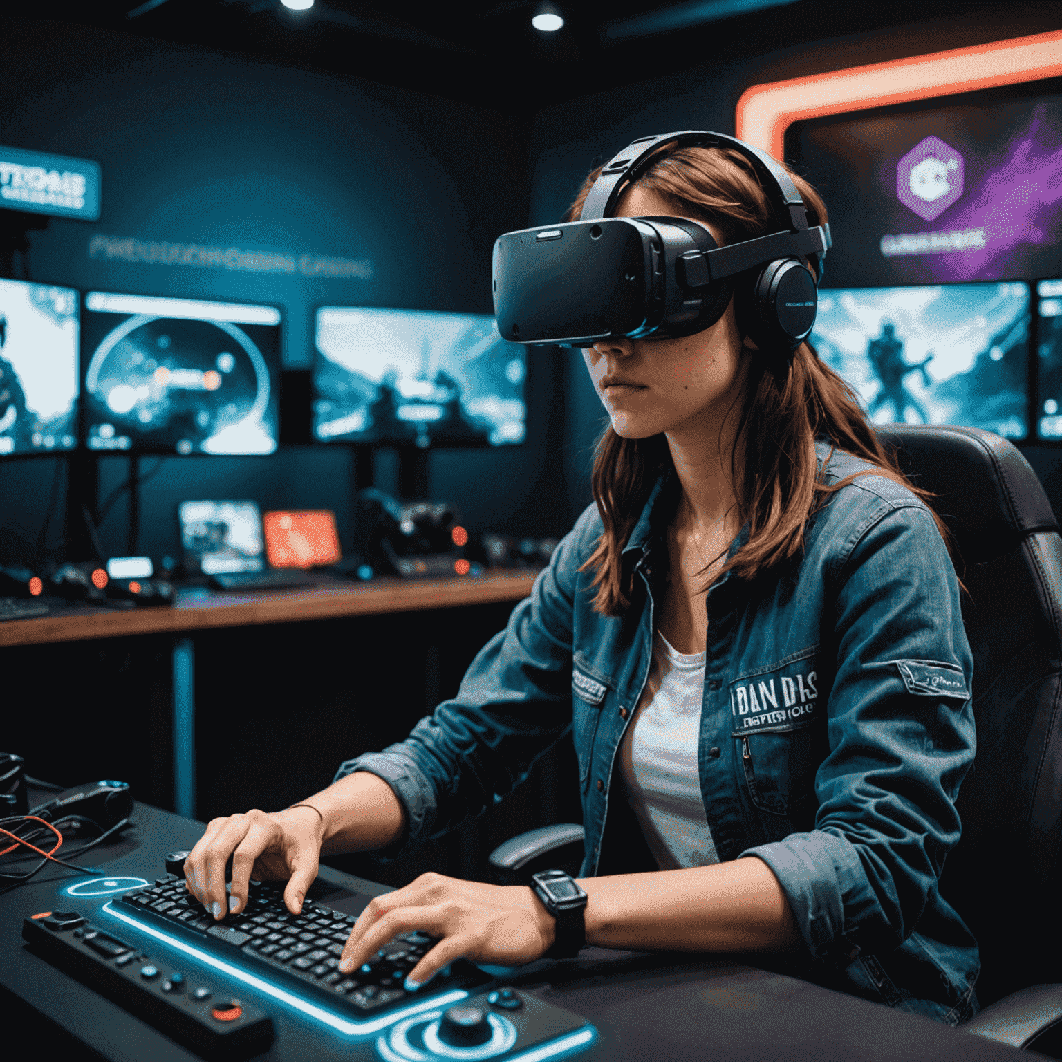 A focused female gamer with VR headset, immersed in a virtual reality game at Catharsis Gaming Club's VR station