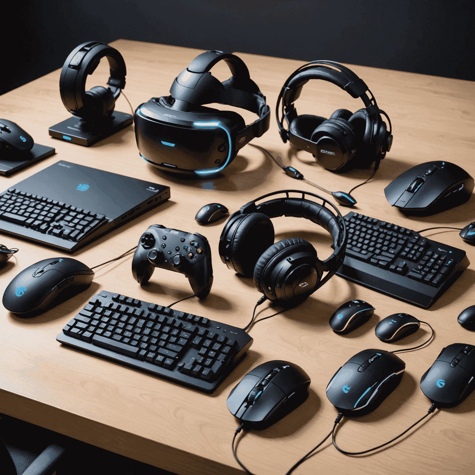 An array of high-end gaming peripherals including VR headsets, racing wheels, and professional gaming mice and keyboards