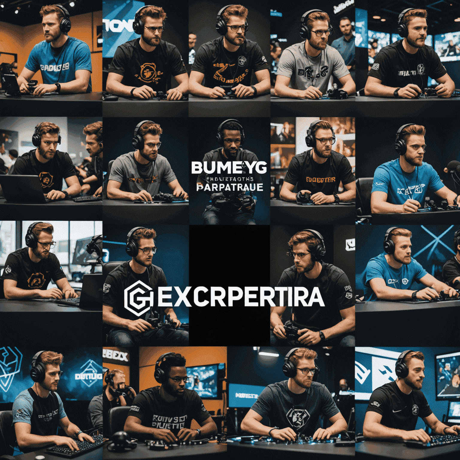 Collage of diverse gamers in action, gaming setups, and esports team logos