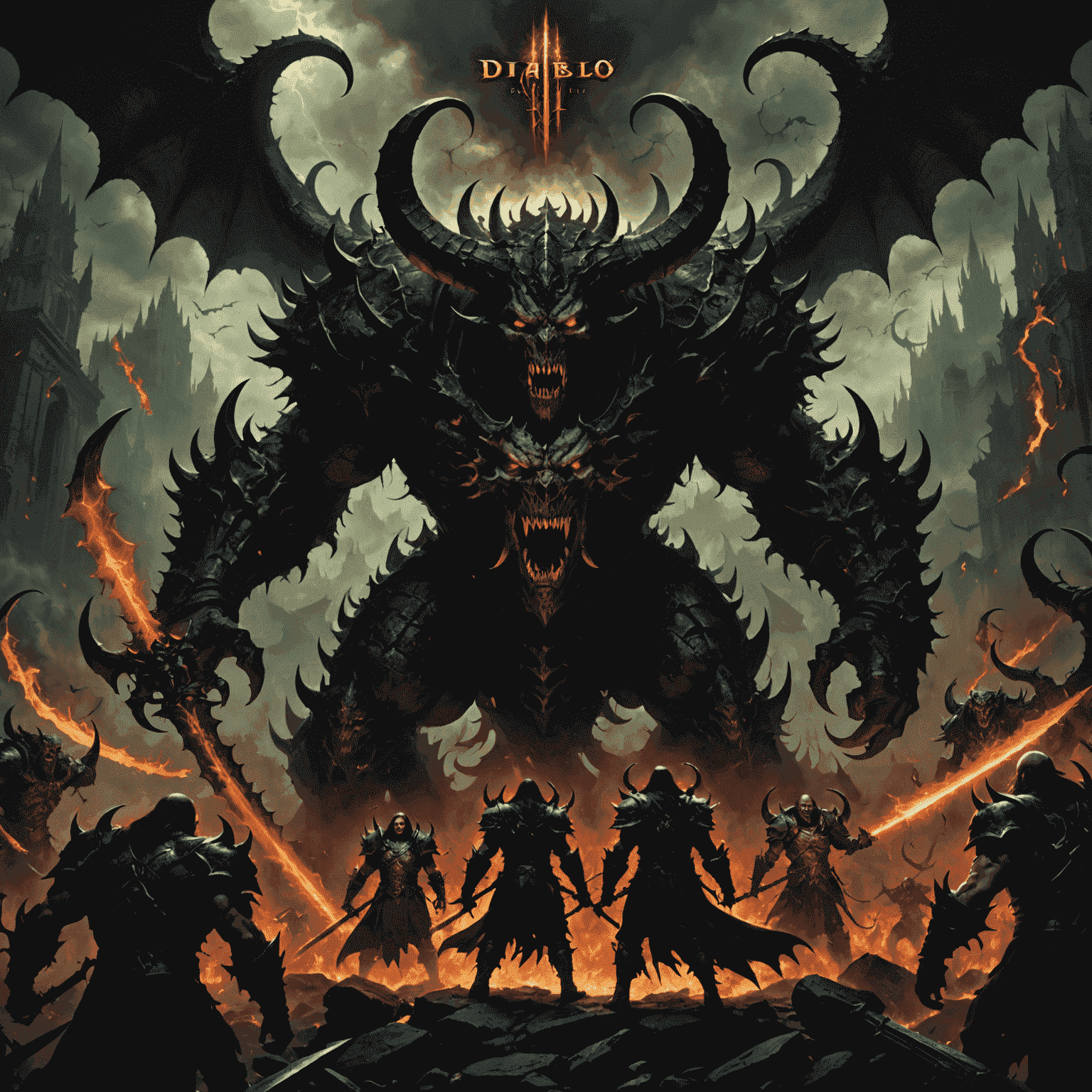 Diablo IV game cover, showing a dark and ominous hellscape with demonic creatures